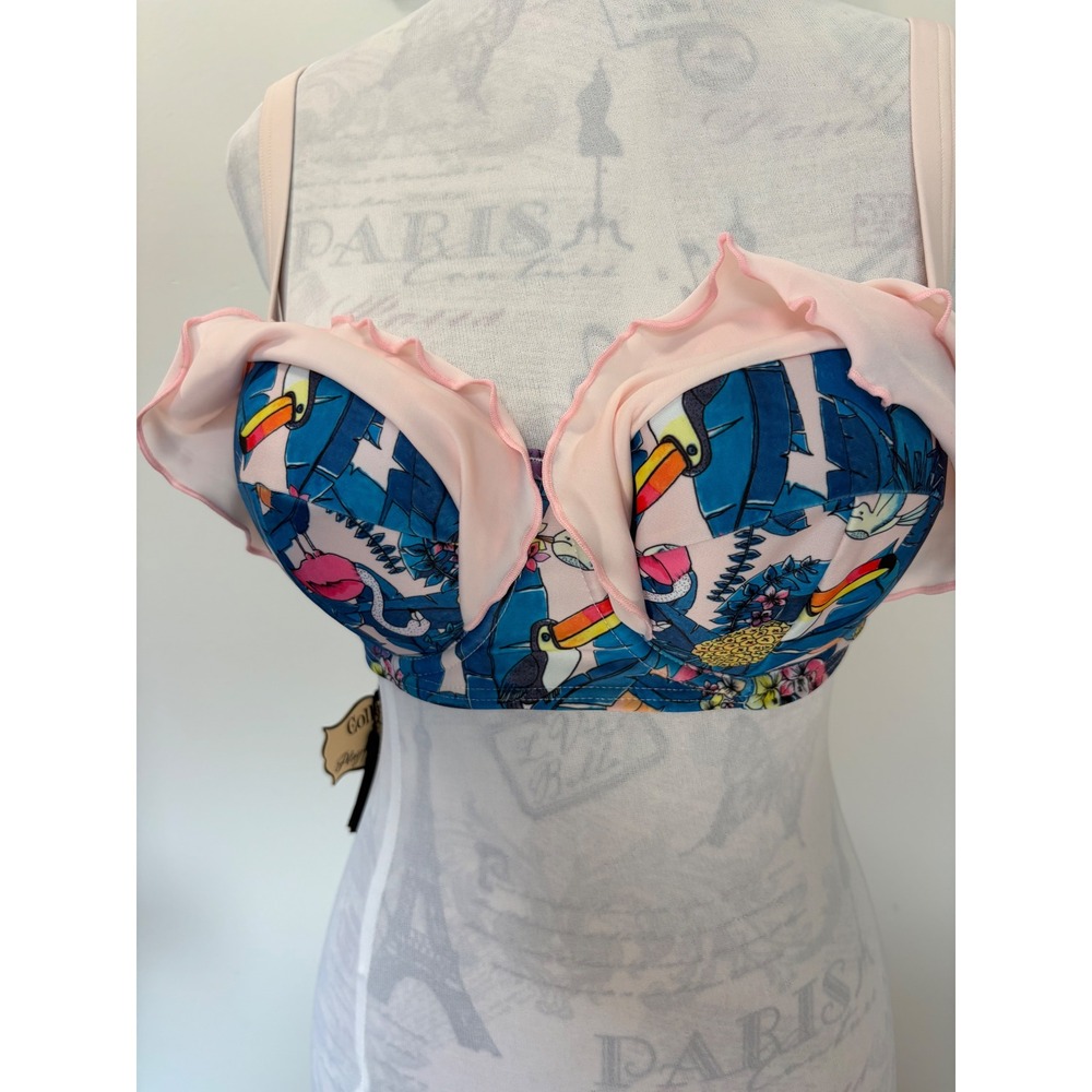 Collectif x Playful Promises Toucan Tropical Ruffle Bikini Top Blue Pink US 8 - Picture 4 of 7